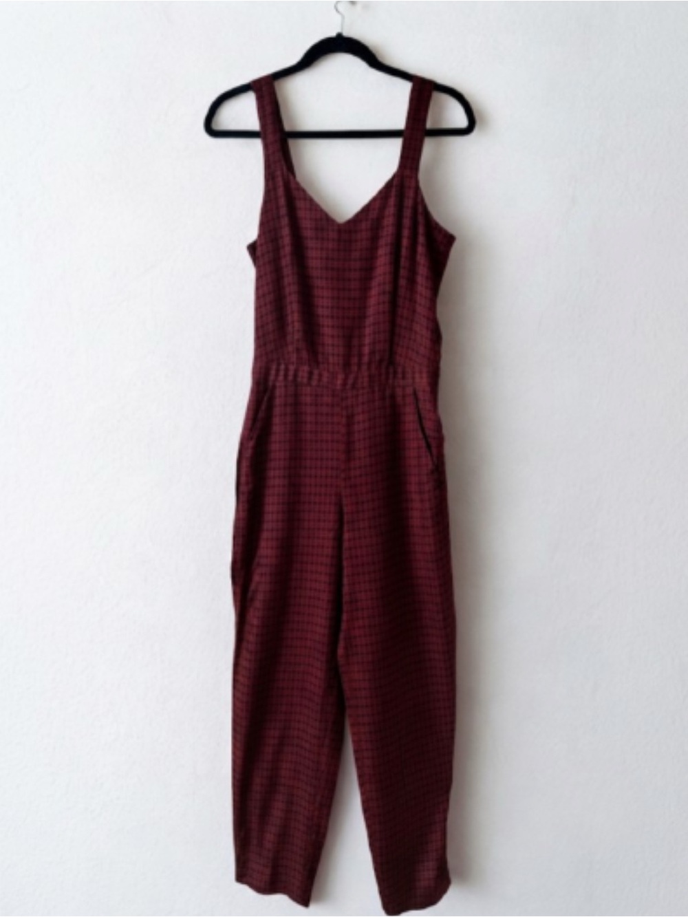 Madewell Tompkins Tank Jumpsuit Hashtag Plaid Burgundy Wine Red XS EUC